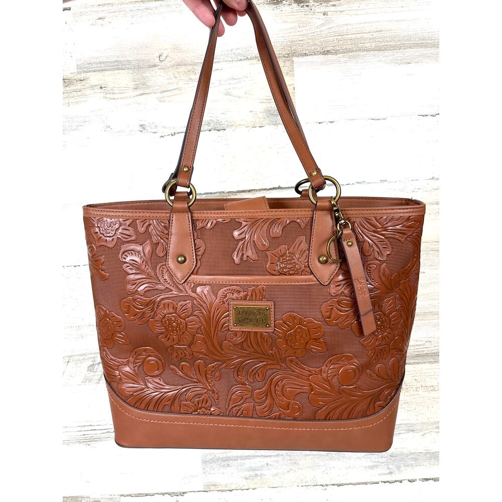 Frye & Co womens Brown Embossed faux leather Floral Shoulder Bag Western NEW